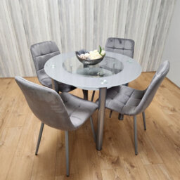 Kosy Koala Round Glass Grey Kitchen Dining Table With Storage Shelf And 4 Grey Tufted Velvet Chairs Kitchen Dining Set - thumbnail 6