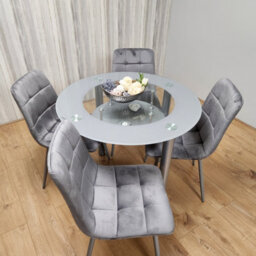 Kosy Koala Round Glass Grey Kitchen Dining Table With Storage Shelf And 4 Grey Tufted Velvet Chairs Kitchen Dining Set - thumbnail 9