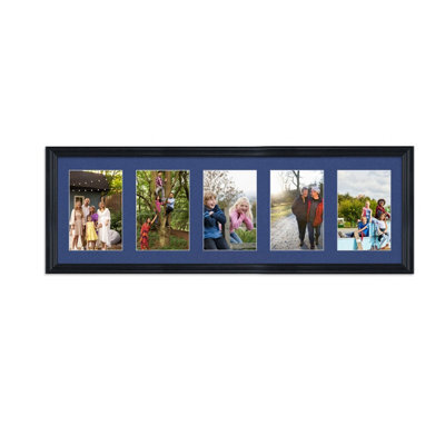 AK Frames 26X8 Black Classic Multi Photo Frame With Blue Mount - Holds 5 Apertures (5X) 6X4 Photos - image 1