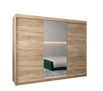 Arte Tokyo 01 Contemporary Mirrored 3 Sliding Door Wardrobe 9 Shelves 2 Rails Oak Sonoma Effect (H)2000mm (W)2500mm (D)620mm - image 1