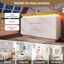 Btm White High-Gloss Sideboard With 2 Doors, 3 Drawers & Rgb Led (App-Controlled), Multi-Purpose Cabinet For Living/bedroom, 140Cm - thumbnail 5