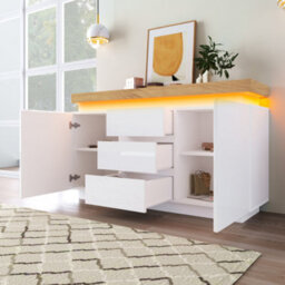 Btm White High-Gloss Sideboard With 2 Doors, 3 Drawers & Rgb Led (App-Controlled), Multi-Purpose Cabinet For Living/bedroom, 140Cm - thumbnail 3