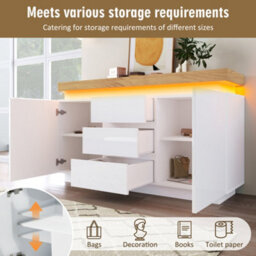 Btm White High-Gloss Sideboard With 2 Doors, 3 Drawers & Rgb Led (App-Controlled), Multi-Purpose Cabinet For Living/bedroom, 140Cm - thumbnail 6