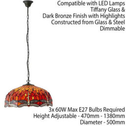 Tiffany Glass Hanging Ceiling Pendant Light Orange Dragonfly 3 Lamp Shade I00113 - thumbnail 2
