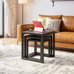 Nesting Tables Set Of 3 Black Wooden Coffee Side End Tables Steel Legs - thumbnail 4
