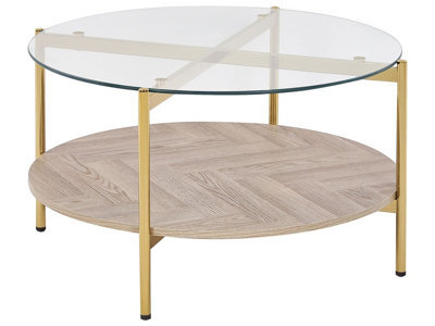Beliani Luxe Living Gold Glass Top Round Coffee Table 80Cm - Tempered Glass, Gold Metal Frame, Wood-Effect Shelf - image 1