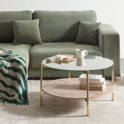 Beliani Luxe Living Gold Glass Top Round Coffee Table 80Cm - Tempered Glass, Gold Metal Frame, Wood-Effect Shelf - thumbnail 2