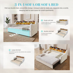 Matteo Velvet Single Sofa Bed With Pull-Out Bed, Storage Headboard, Led Lighting & Usb Ports - Beige - thumbnail 3
