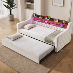 Matteo Velvet Single Sofa Bed With Pull-Out Bed, Storage Headboard, Led Lighting & Usb Ports - Beige - thumbnail 5