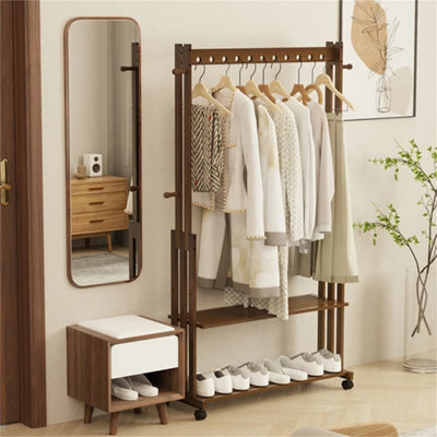Bamboo Clothes Rack With Wheels 2 Shelves Coat Stand Entryway Rail - image 1