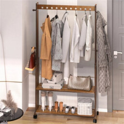 Bamboo Clothes Rack With Wheels 2 Shelves Coat Stand Entryway Rail - thumbnail 3