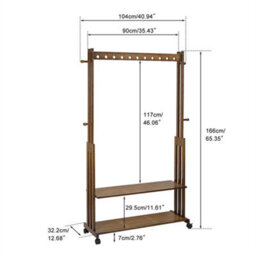 Bamboo Clothes Rack With Wheels 2 Shelves Coat Stand Entryway Rail - thumbnail 2