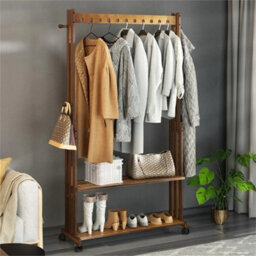 Bamboo Clothes Rack With Wheels 2 Shelves Coat Stand Entryway Rail - thumbnail 4