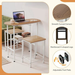 Natural Dining Table Set 3Pcs With 2 Stools Storage Rack Footrest - thumbnail 6