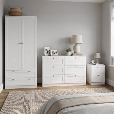 Fwstyle Artus 3 Piece White Bedroom Furniture Set - 6 Drawer Chest, 2 Drawer Bedside, 2 Door 2 Drawer Wardrobe - image 1