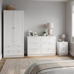 Fwstyle Artus 3 Piece White Bedroom Furniture Set - 6 Drawer Chest, 2 Drawer Bedside, 2 Door 2 Drawer Wardrobe - thumbnail 1