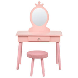 Wyld and Coco Brightnest Pink Kids Dressing Table With Mirror, Stool And Drawer - Compact Child-Friendly Vanity (W62 X D40 X H102Cm) - thumbnail 1