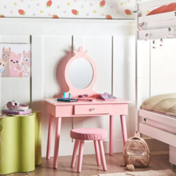 Wyld and Coco Brightnest Pink Kids Dressing Table With Mirror, Stool And Drawer - Compact Child-Friendly Vanity (W62 X D40 X H102Cm) - thumbnail 2