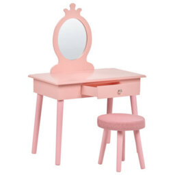 Wyld and Coco Brightnest Pink Kids Dressing Table With Mirror, Stool And Drawer - Compact Child-Friendly Vanity (W62 X D40 X H102Cm) - thumbnail 5