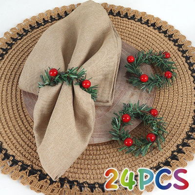 24Pcs Christmas Napkin Rings Needles Wreath Pines Red Berries Live Like Handmade Candle Ring Wreaths Holder Serviette Buckle - image 1