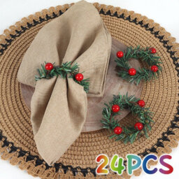 24Pcs Christmas Napkin Rings Needles Wreath Pines Red Berries Live Like Handmade Candle Ring Wreaths Holder Serviette Buckle - thumbnail 1