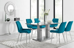 Furniturebox Imperia Grey High Gloss 6 Seater Dining Table With Structural 2 Plinth Column Legs 6 Blue Velvet Silver Leg Pesaro Chairs - thumbnail 1
