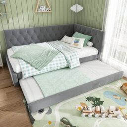 Abrihome 3Ft Grey Velvet Daybed With Pull-Out Bed - 90X190Cm Single Sofa Bed, Slatted Frame, Trundle For Adults/kids, No Mattress - thumbnail 5