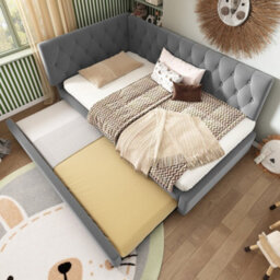 Abrihome 3Ft Grey Velvet Daybed With Pull-Out Bed - 90X190Cm Single Sofa Bed, Slatted Frame, Trundle For Adults/kids, No Mattress - thumbnail 3
