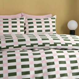 Ohs Checkerboard Bedding Set Microfibre Duvet Cover With Pillowcase, Pink/green - King - thumbnail 2