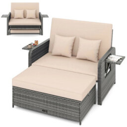 Pe Wicker Outdoor Daybed With 4 Level Adjustable Backrest Storage Ottoman - thumbnail 1