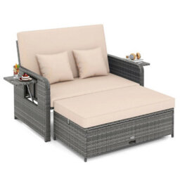 Pe Wicker Outdoor Daybed With 4 Level Adjustable Backrest Storage Ottoman - thumbnail 6