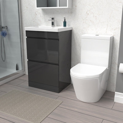 Nes Home Anthracite 500mm 2 Drawers Basin Vanity Unit & Close Coupled Toilet - image 1