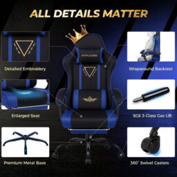 Luckracer Fabric Gaming Chair With Footrest Ergonomic Computer Chair Home Office High Back Heavy Duty Pc Chairs, Blue - thumbnail 8