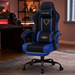 Luckracer Fabric Gaming Chair With Footrest Ergonomic Computer Chair Home Office High Back Heavy Duty Pc Chairs, Blue - thumbnail 2