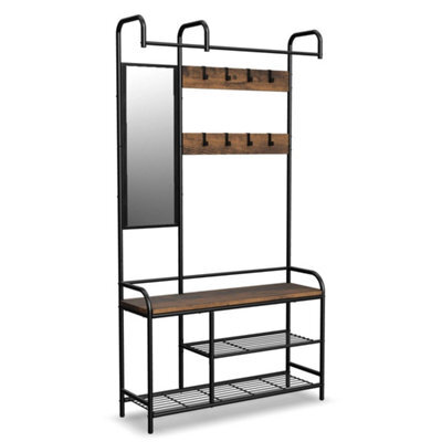 Black And Rustic Oak Entryway Hallway Coat Hanger Stand & Shoe Bench Storage Display Rack With Mirror - image 1