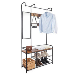 Black And Rustic Oak Entryway Hallway Coat Hanger Stand & Shoe Bench Storage Display Rack With Mirror - thumbnail 6