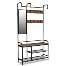Black And Rustic Oak Entryway Hallway Coat Hanger Stand & Shoe Bench Storage Display Rack With Mirror - thumbnail 1