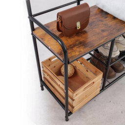 Black And Rustic Oak Entryway Hallway Coat Hanger Stand & Shoe Bench Storage Display Rack With Mirror - thumbnail 4