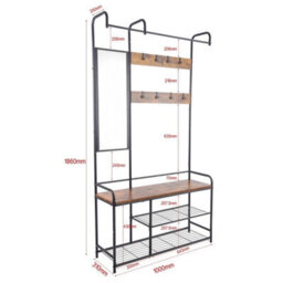 Black And Rustic Oak Entryway Hallway Coat Hanger Stand & Shoe Bench Storage Display Rack With Mirror - thumbnail 2