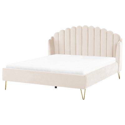 Beliani Bed Velvet Ambillou 180 X 200 Cm (Eu Super King) Light Beige - image 1