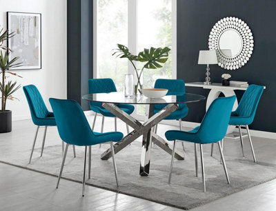 Furniturebox Uk Vogue Round Dining Table And 6 Blue Pesaro Silver Leg Chairs - image 1
