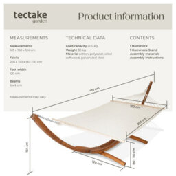 Tectake Hammock Thorsten - Wooden Frame, For 2 People, Height Adjustable, Durable Fabric - White - thumbnail 6