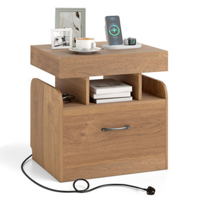 Nightstand With Charging Station Modern Side Table With Drawer Natural - image 1