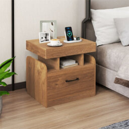 Nightstand With Charging Station Modern Side Table With Drawer Natural - thumbnail 3