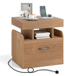 Nightstand With Charging Station Modern Side Table With Drawer Natural - thumbnail 1