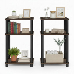 Walplus Tall 3-Tier End Table With Storage Bin, Columbia Walnut & Black - thumbnail 4