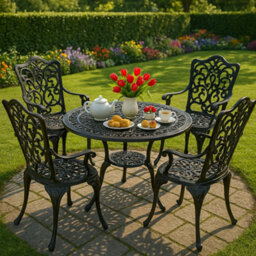 Homeology Tabreez Opulent Garden And Patio Table And 4 Large Chairs With Armrests Cast Aluminium Bistro Set - Black - thumbnail 2