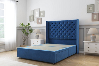 "Sloomy Dior Navy Plush Divan Bed Base 2 Drawers Foot-End With 54"" Wingback Headboard 4' Small Double" - image 1
