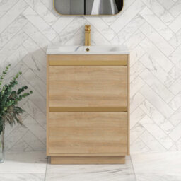 Royal Bathrooms Orion 600mm Natural Oak 2 Drawer Floor Standing Vanity Unit With Carrara White Basin & Brushed Brass Accent Trim