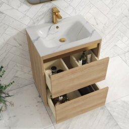 Royal Bathrooms Orion 600mm Natural Oak 2 Drawer Floor Standing Vanity Unit With Carrara White Basin & Brushed Brass Accent Trim - thumbnail 4